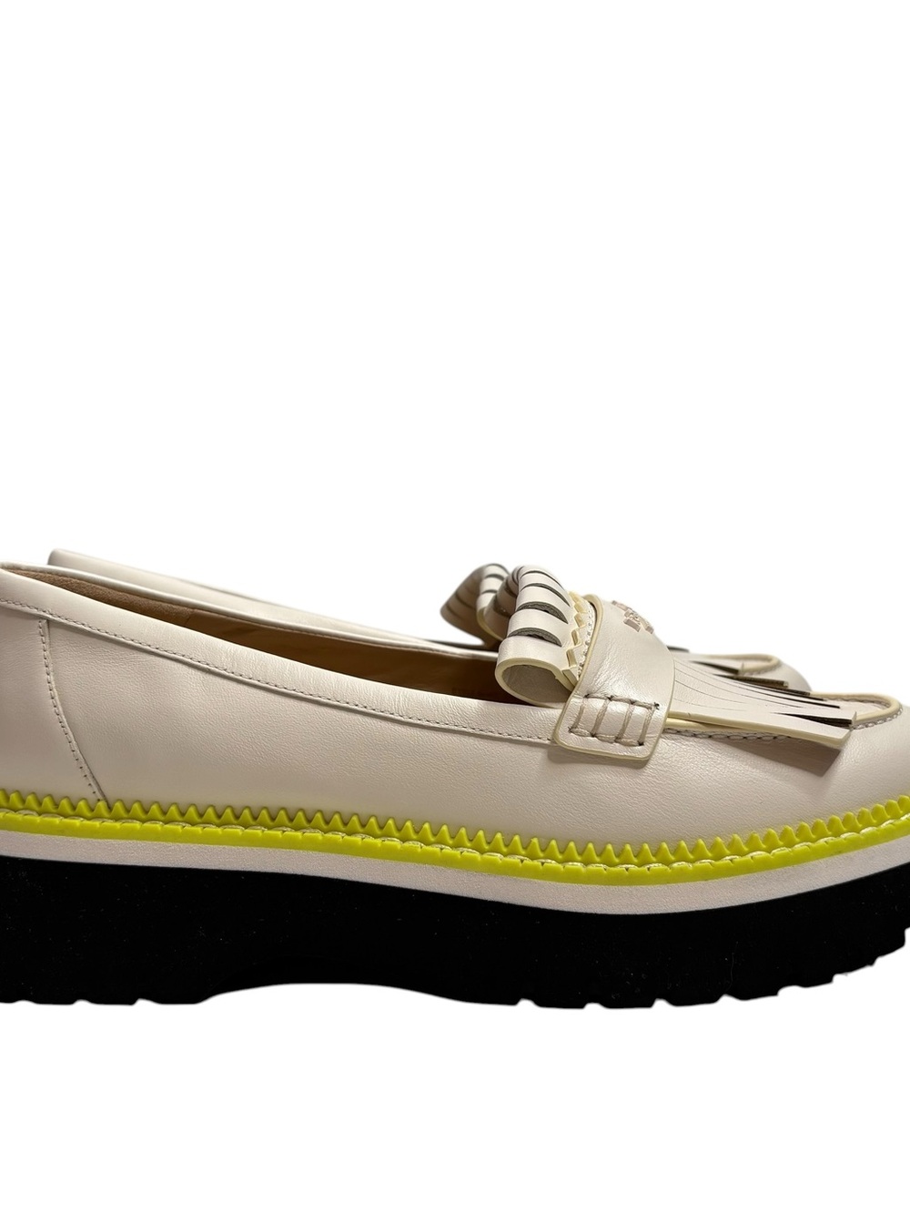 kate spade Caddy Cream Leather Kiltie Fringe Loafers with Yellow Trim NWT $238 - Picture 2 of 9